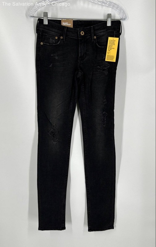 H&M Womens Black Distressed Dark Wash Low Waist Denim Skinny Leg Jeans Sz 26/32