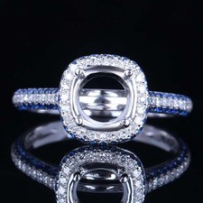 6mm Round Shape Semi Mount Halo Ring Blue Sapphire  CZ Accent Wedding Ring