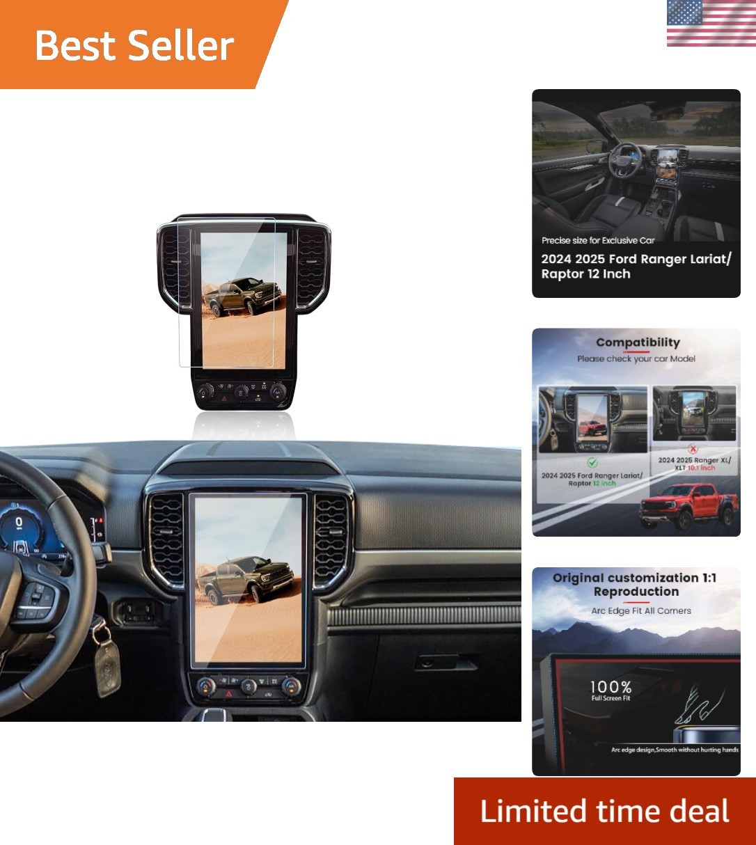Protector de pantalla de vidrio templado CDEFG para Ford Ranger 2024 2025, táctil de 12 pulgadas