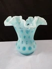 Fenton Blue Opalescent Glass Coin Dot Double Crimped Vase 6 1/4" Tall INV2