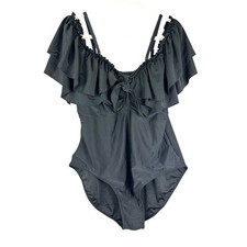 4XL Black Ruffled Off Shoulder One Piece Swimsuit Tummy Control Plus Size Swim