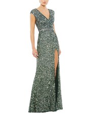 Mac Duggal Cap Sleeve Sequined High Slit Gown Women's