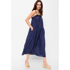 NWT Old Navy Womens Airy Smocked Tiered Midi Maxi Dress Navy Blue Pockets Small