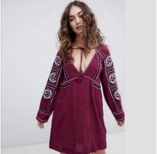 Free People All My Life Embroidered Mini Dress Pullover Tie Neck Burgundy Small