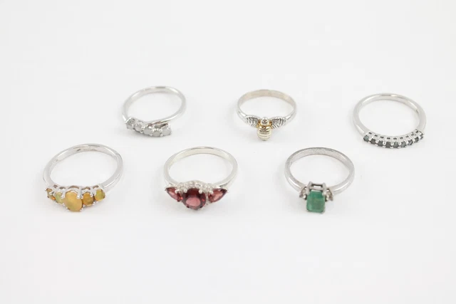 13 Sterling Silver Gemporia Rings Diamond Garnet Emerald x 6 (11g)