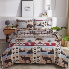 Red Blue Beige Bear Moose Lodge Patchwork 3pc Quilt Set Twin Full Queen King Bed