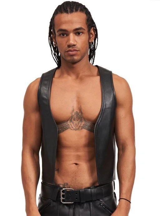 Men Leather Vest Black With Red Accent Cowhide Leather Gay Fetish Bar Vest - Image 2 of 3