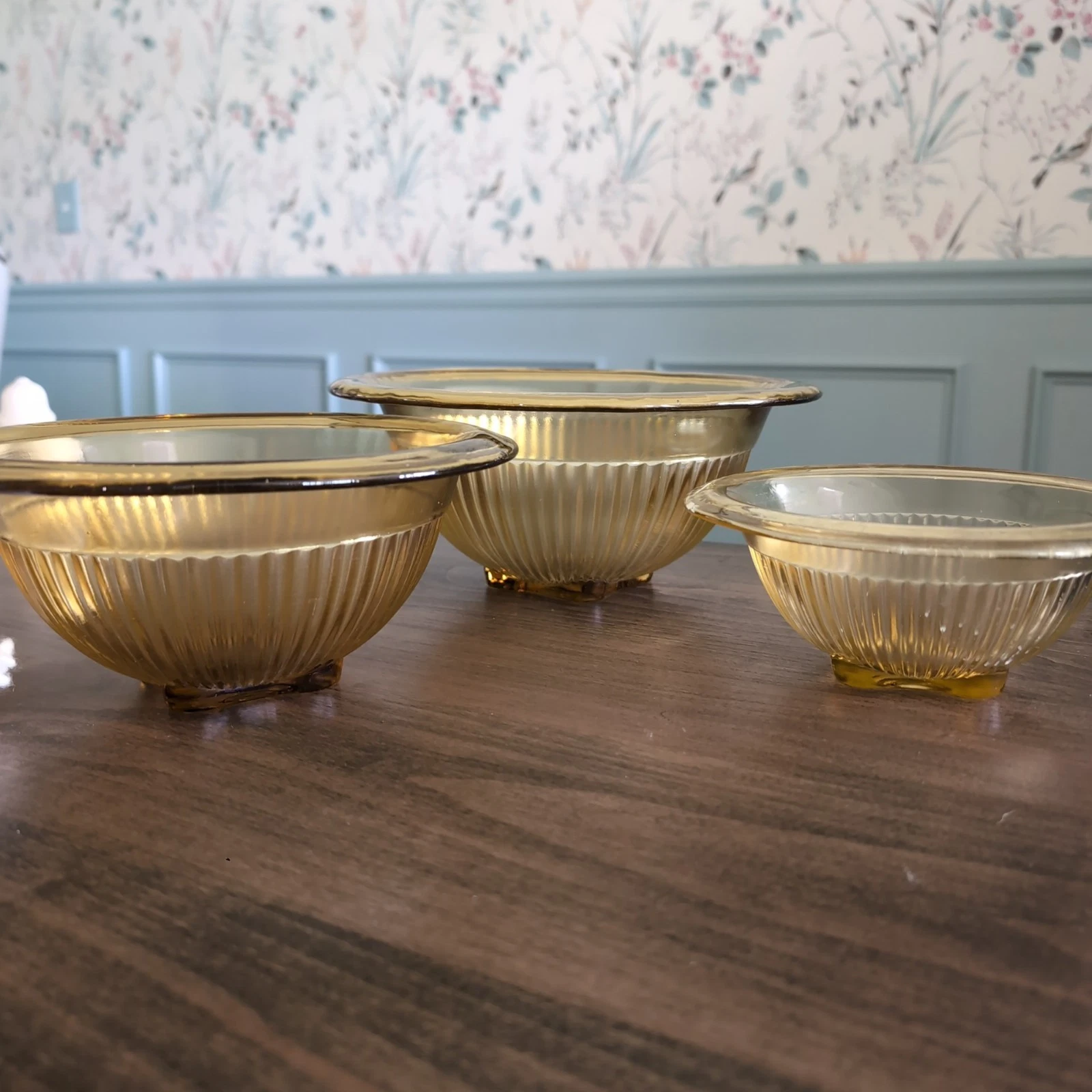 Federal Glass Golden Glow Ribbed Nesting Bowls Depression MCM Mid Century