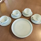 Fire King Oven Ware Delphite Blue Milk Glass Cups Saucers Luncheon Plates 1950s