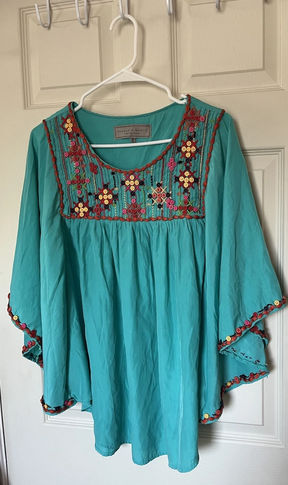 Double D Ranch Beaded Flowy Poncho Top Embroidered Turquoise Western Women’s M