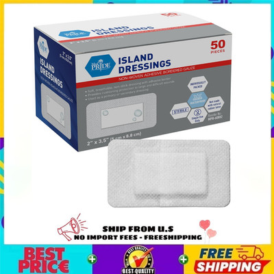 Adhesive Island Dressing 2x3 in, Pack of 50 Sterile Bordered Wound Dressings