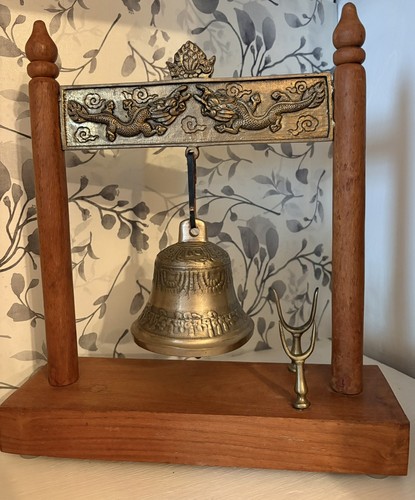 Double Dragon Tibetan Buddhist Brass Bell Mounted on Wooden Stand. No wand.