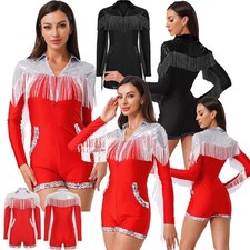 Womens Sequins Tassel Fringe V Neck Bodysuit Long Sleeve Rompers Disco Dancewear