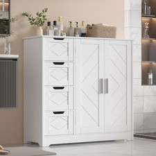 Bathroom Storage Floor Cabinet with Adjustabl Shelf, 4 Drawer Freestanding White