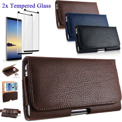 For Samsung Galaxy Note 8 Note9 Leather Clip Case Belt Loop Cover Tempered Glass