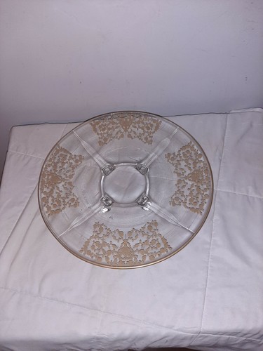 RARE Clear Gold Encrusted 4-TOED 14" Platter Cake Plate - Picture 2 of 4