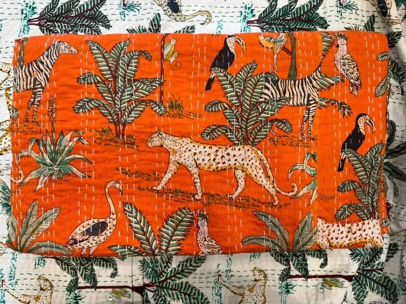 Colcha reversible con estampado animal Kantha edredón bohemio ropa de cama edredón decorativo Foto 4 de 4