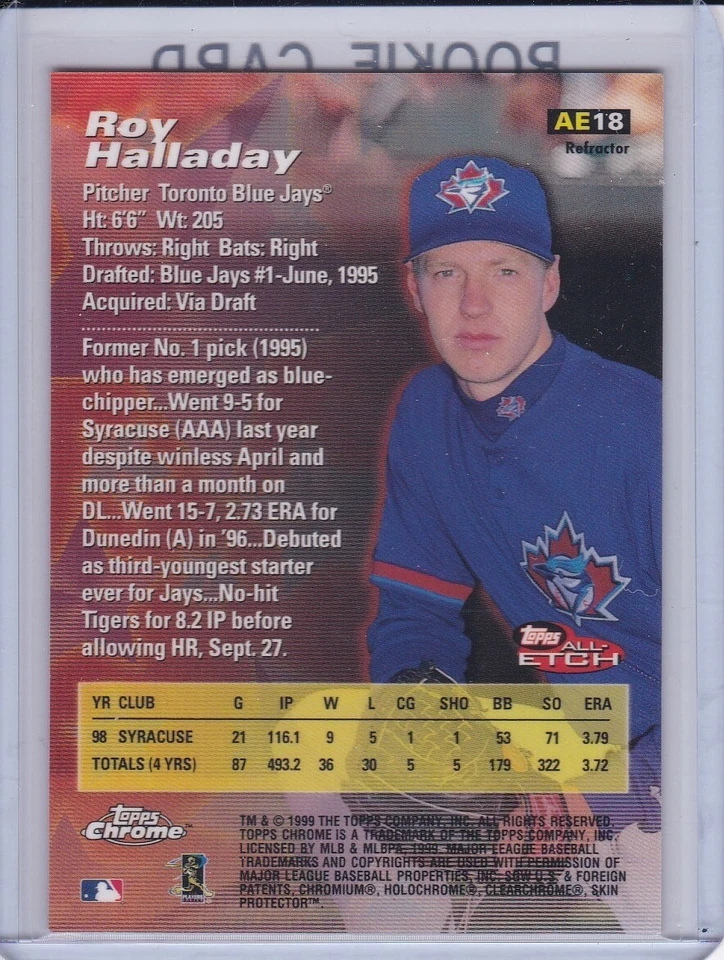 TARJETA DE NOVATO ROY HALLADAY Topps Cromo RARO REFRACTOR $$ Béisbol 1999 ¡RUSH RC! Foto 2 de 2