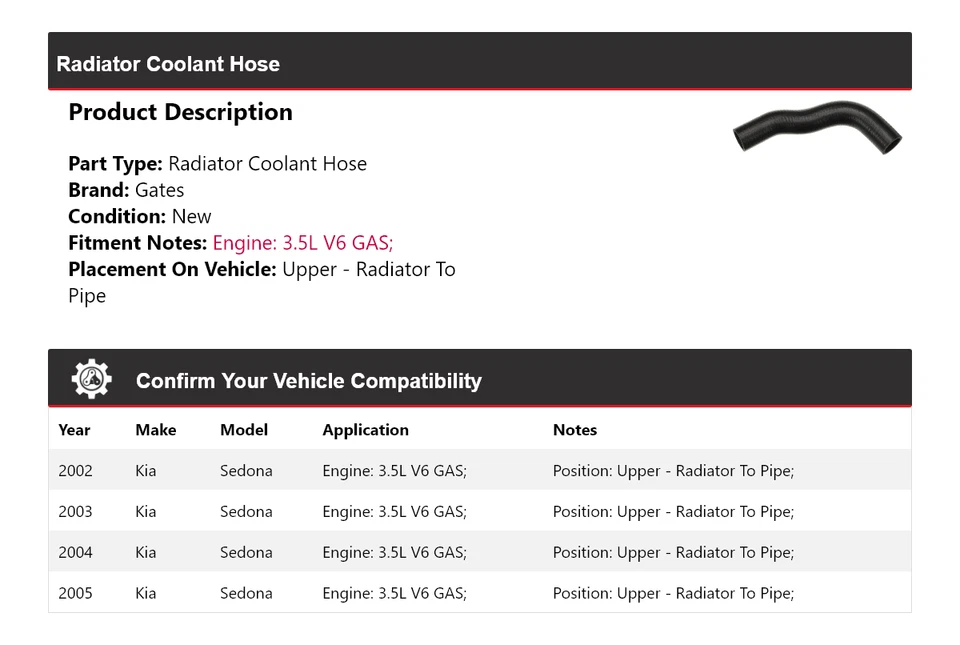 Manguera de refrigerante de radiador superior para Kia Sedona 2002-2005 - puertas de radiador a tubería Foto 2 de 4