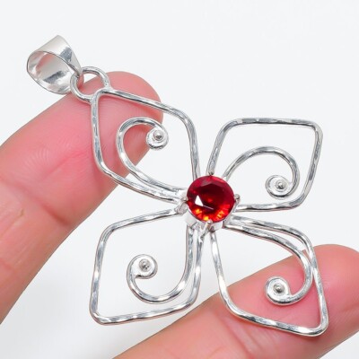 Red Garnet Gemstone Handmade 925 Sterling silver Jewelry Pendant Sz 2.7''