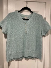 NWT L.L. Bean Size L P Slub Knit Cotton Short Sleeve V Neck Henley Top Pale Blue