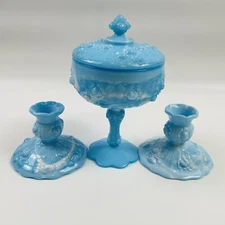 Vtg Fenton? Cabbage Rose Blue Slag Marble Lidded Compote Pedestal w/Candlestick