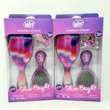 2 Sets Wet Brush Detangler Style Kit Detangle Original & Mini plus Elastics New