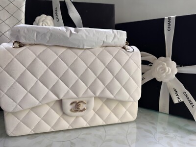 格別な輝き*【CHANEL】ラージフラップバッグ ホワイト CCロゴ ラージ フラップ バッグ、シャイニー ラムスキン、ホワイト