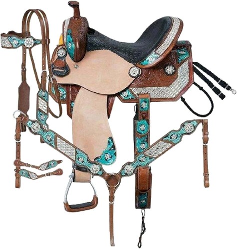 Selle Western Barrel Racing En Cuir ECO Avec Set D'accessoires (tailles 10 à 18)