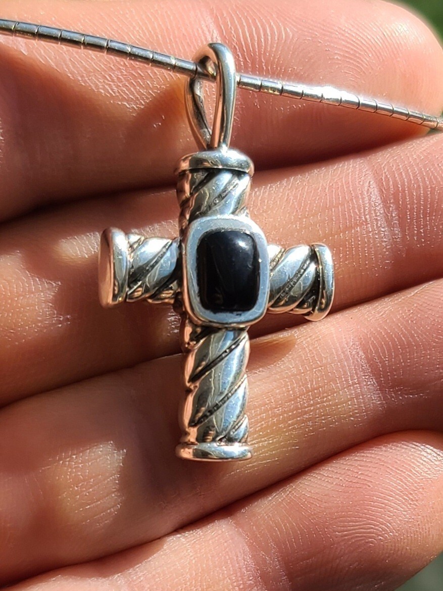 Sterling 925 Solid Silver Black Onyx Cabochon Cro… - image 15