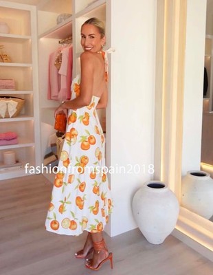 ZARA NEW WOMAN MIDI HALTER PRINTED LINEN DRESS ORANGE XS-XL