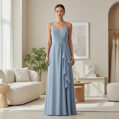 Dusty Blue Formal Dress A14 Bridesmaid Prom Maxi Chiffon Lace Back Elegant  Eveni