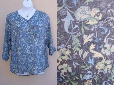 CJ Banks ltwt airy popover vneck top shirt plus size 3x denim look floral blouse