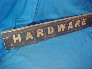 19thc " HARDWARE " Wood STRIP SIGN Applied GOLD LETTERS w Square Nails