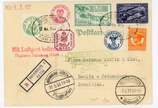 P86/11/RC ROUMANIA 1933 REGISTERED ZEPPELIN POSTCARD TO BRAZIL SIEGER 214