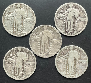 Lot of (5) U.S. Silver Standing Liberty Quarters Circulated
