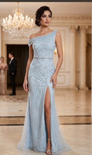 Mac Duggal Ice Blue Beaded One-Shoulder Evening Gown Tulle Formal Dress NWT