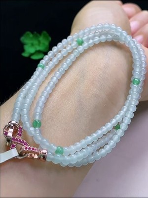 Authentic High Icy Glassy Translucent Green Jadeite Jade 3.7mm Beads Necklace【A】