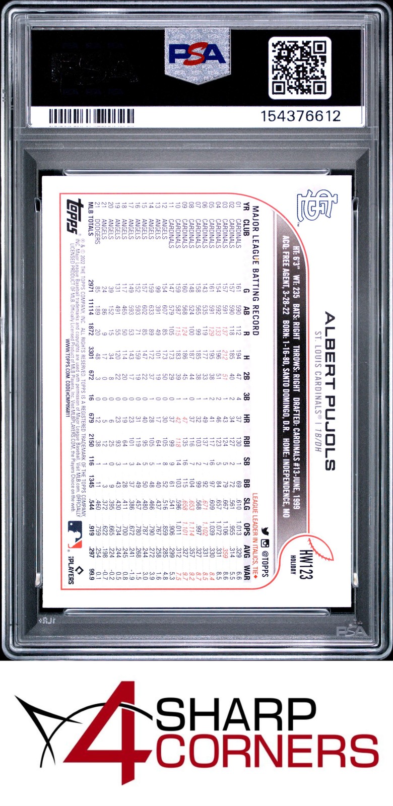 2022 TOPPS HOLIDAY #HW123 ALBERT PUJOLS PSA 10 view 2