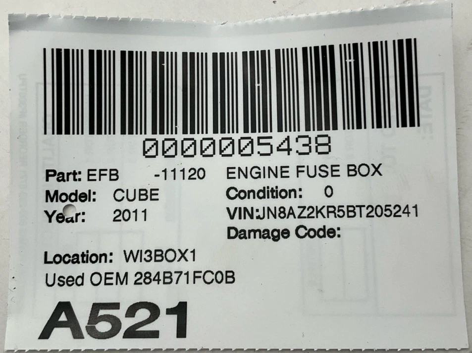 Caja de conexiones de fusibles de motor Nissan Cube 2009-2014 OEM 284B71FC0B Foto 3 de 3