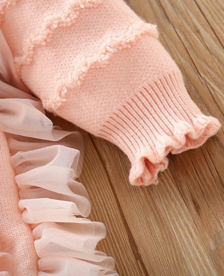Vestido de princesa tejido para niña pequeña suéter con volantes tutú melocotón manga larga invierno 3T Foto 3 de 4
