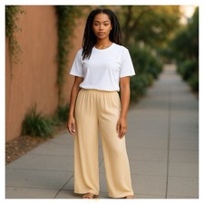 Ladies Pretty Little Thing Cream Elastic Waist Wide Leg Crinkle Trousers Size 4