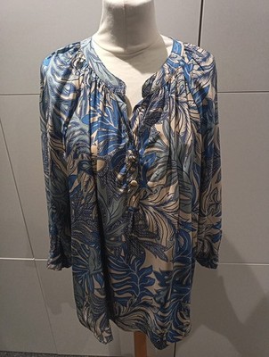 Natalie Martin Bluse Seide Botanical Leaf blau/creme Gr. L, Mandarinkragen