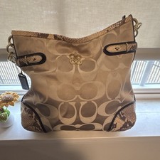 Coach Beige Brown Snake Print Logo Shoulder Bag with Gold Hardware