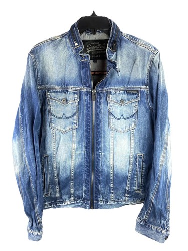 Superdry Jacket Womens XL Cropped Zip Denim Trucker Distressed Jacket Grunge