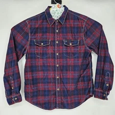 True Grit Shirt Mens Medium Button Up Corduroy Embroidered Edge Plaid Casual