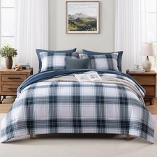 MaiR ve Size Plaid Comforter Set Classic 7 Pieces Farmhouse Queen Blue White