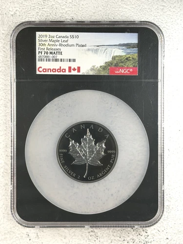 2019 Canada $10 Silver Maple Leaf Rhodium Plated PF70 First Day Of Issue FDOI!