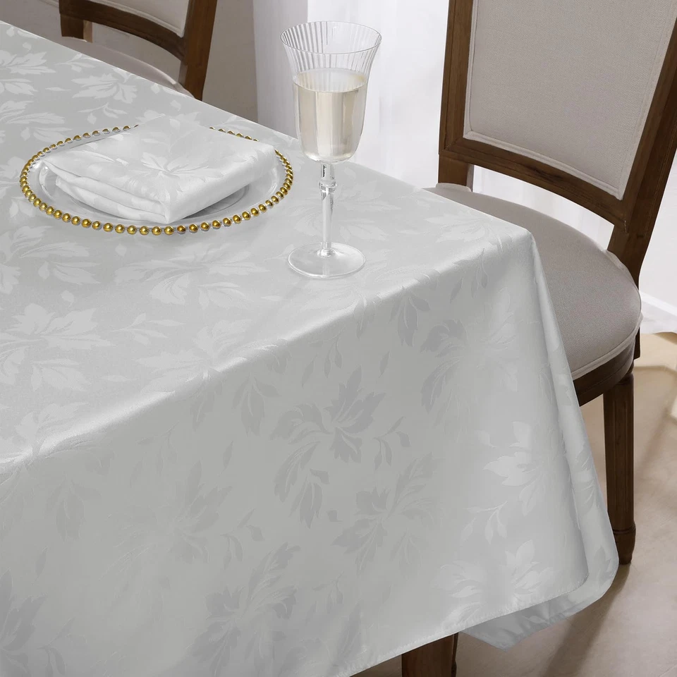 Nappe Blanche Rectangulaire 140x240cm en Jacquard Floral,Imperméable et Anti ... - Photo 4/4