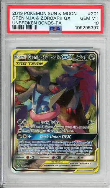 Pokemon Graded: Greninja & Zoroark GX 201/214 Unbroken Bonds (2019) PSA 10